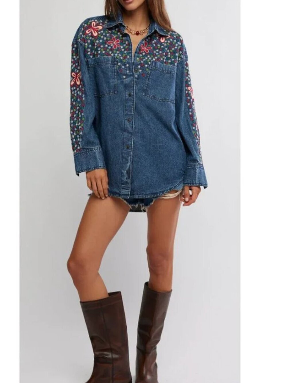 FREE PEOPLE NWT Rainbow Embroidered Denim Shirt / Rinse Wash - Picture 4 of 6